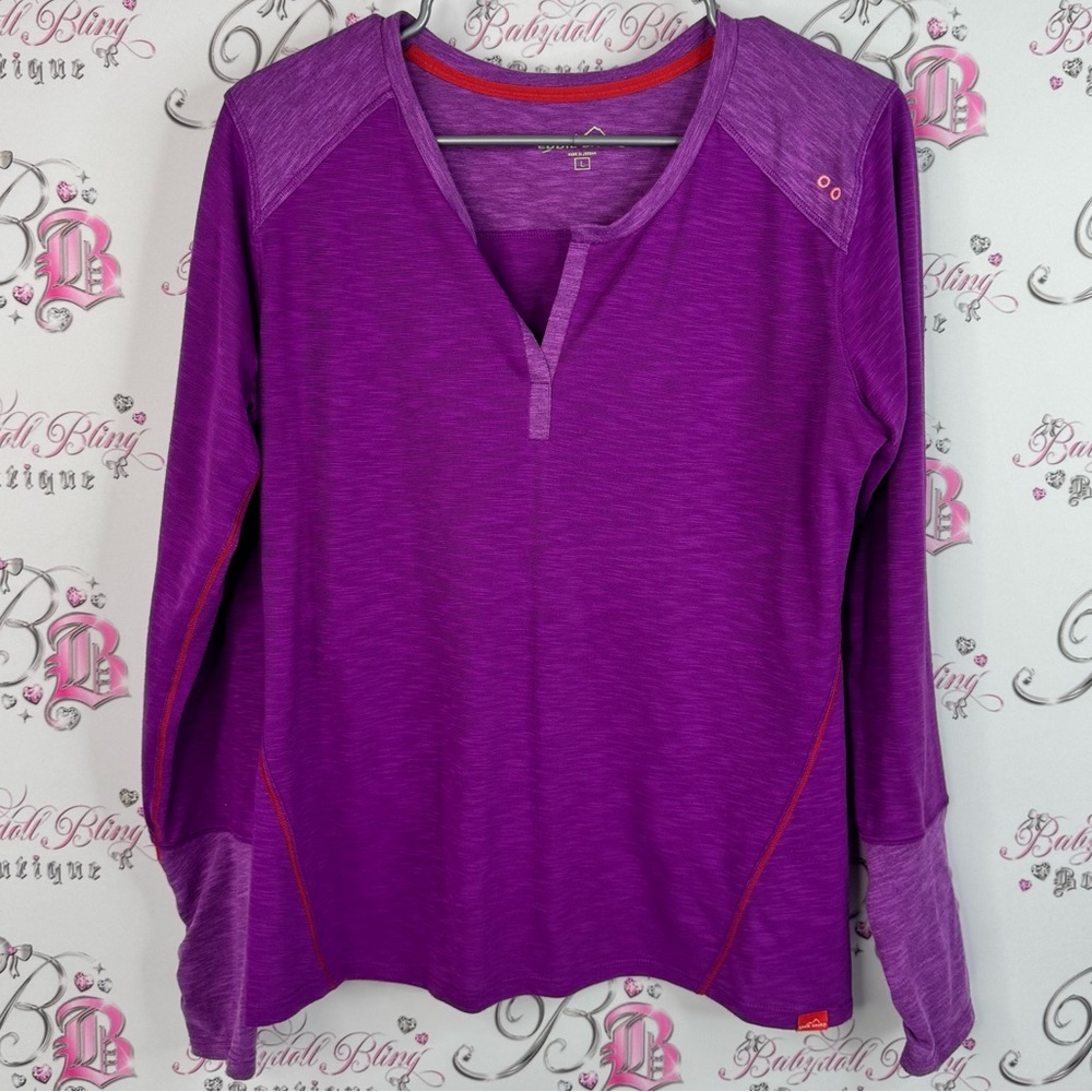 Eddie Bauer long sleeve V neck heathered Vibrant Purple Top Red Stitching